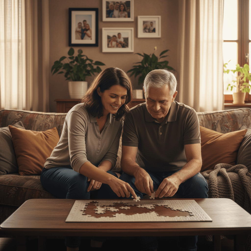 A carer providing warm, attentive support at home
