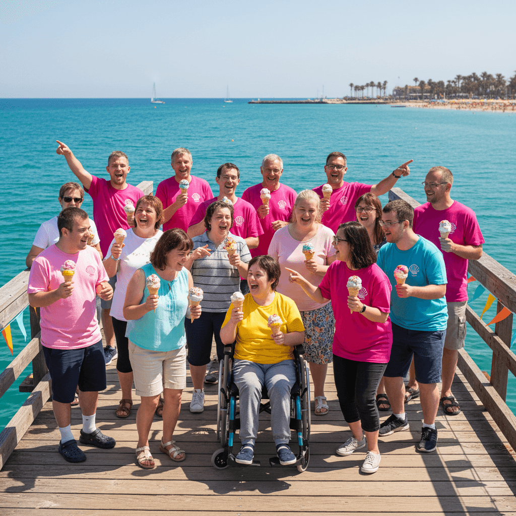 A cheerful holiday break group enjoying ice creams by the sea