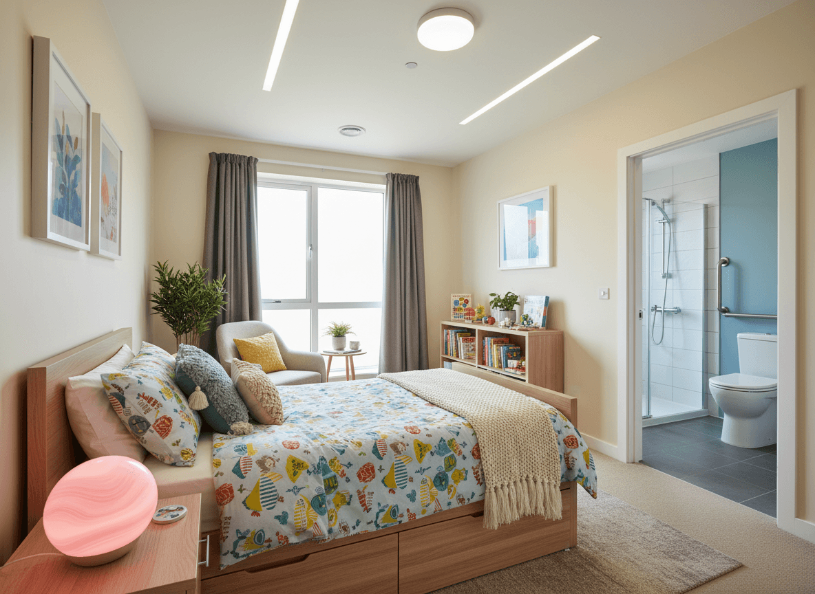 Calm modern bedroom in a respite care home